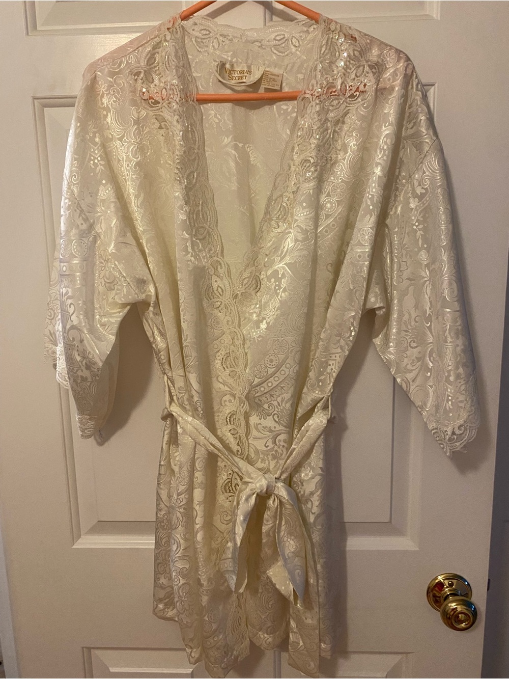 Vintage Victoria's Secret Cream Lace-Trim Satin Robe with bead embellishments